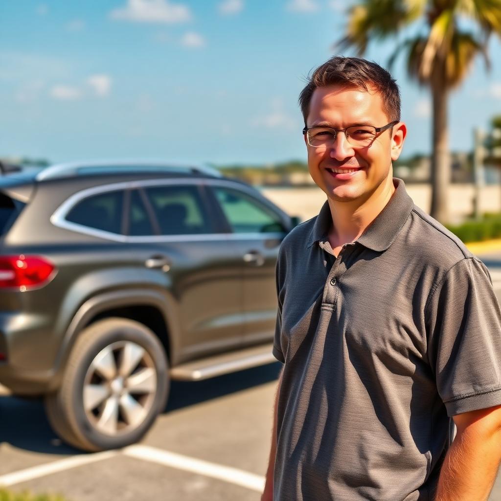 Customer Blake with a family SUV during a Wilmington visit