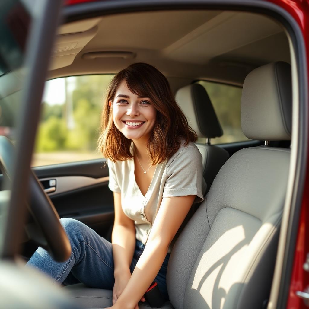 Customer Lexie in her car showing cleaned fabric seats