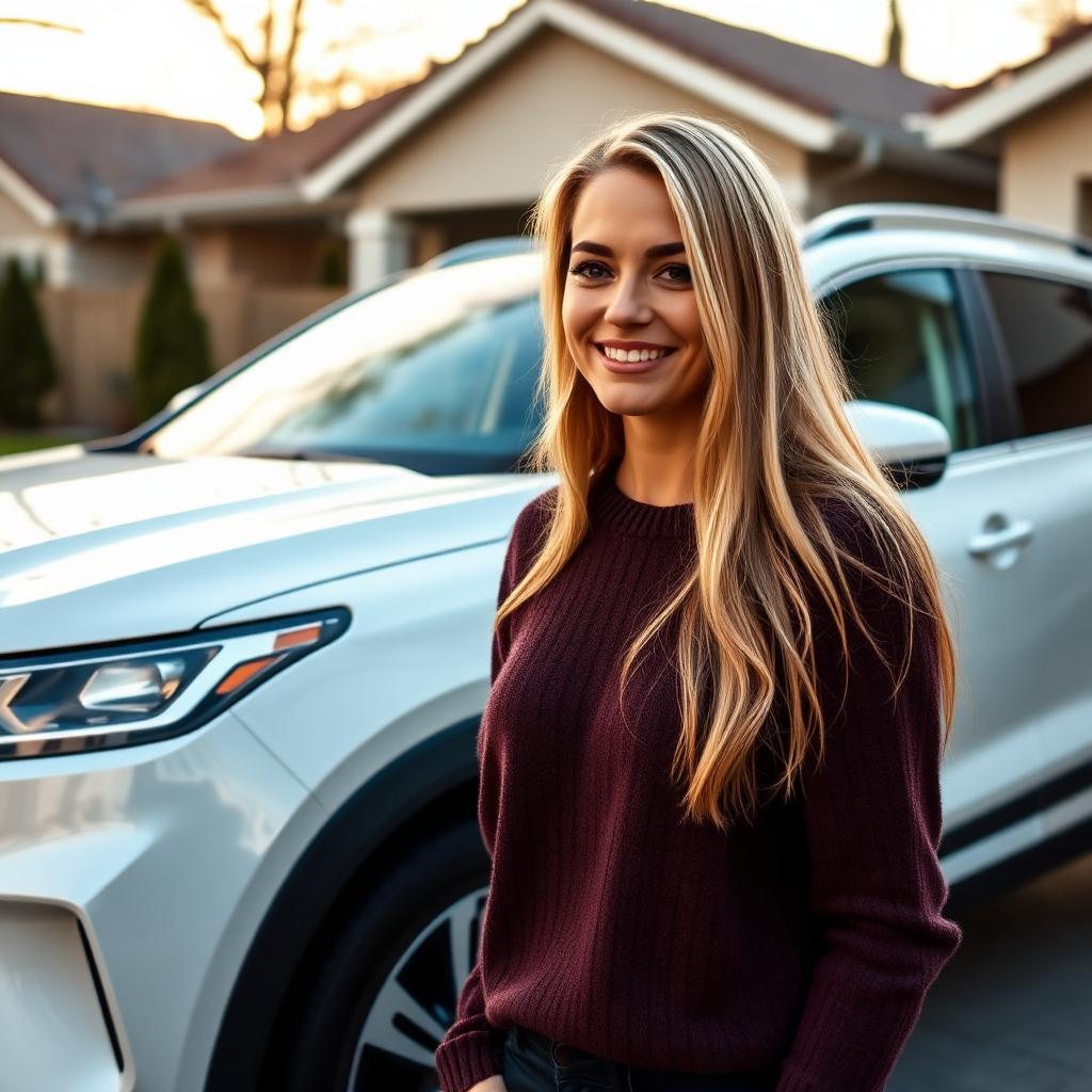 Customer Lauren beside her freshly detailed crossover SUV