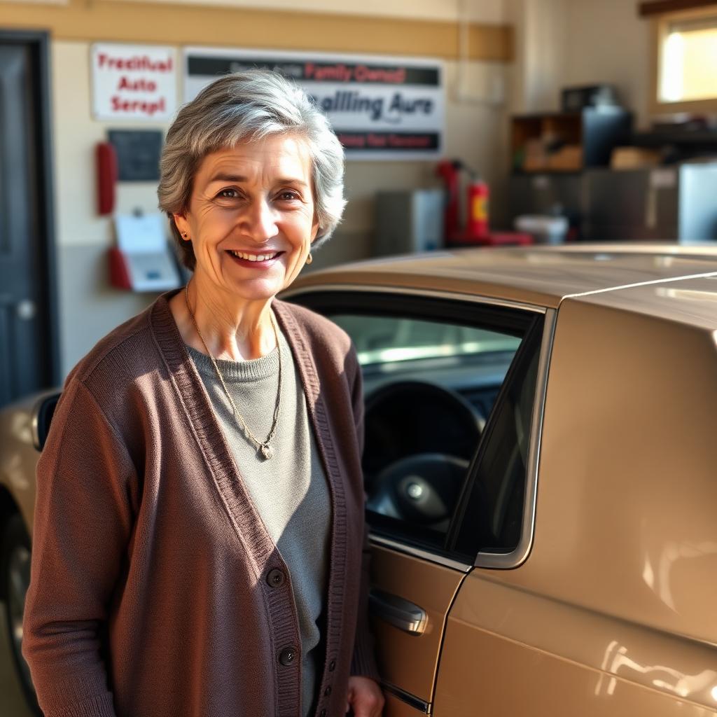 Customer Cheryl next to her older sedan after detailing