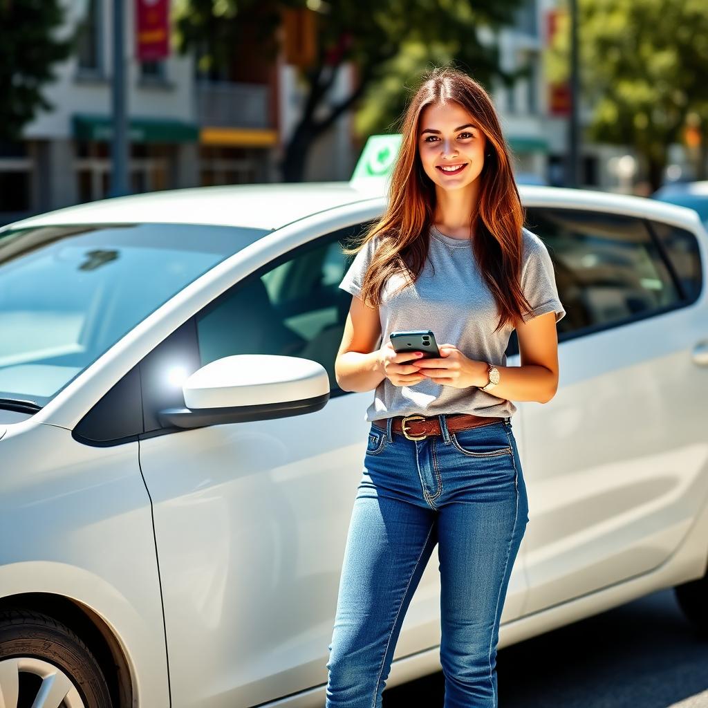 Rideshare driver Brooke beside her clean compact car
