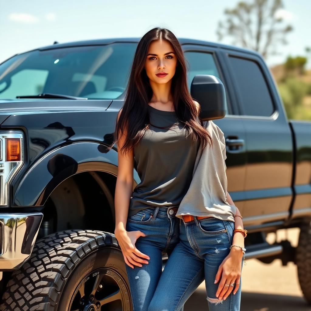 Customer Hailey beside a ceramic-coated lifted truck