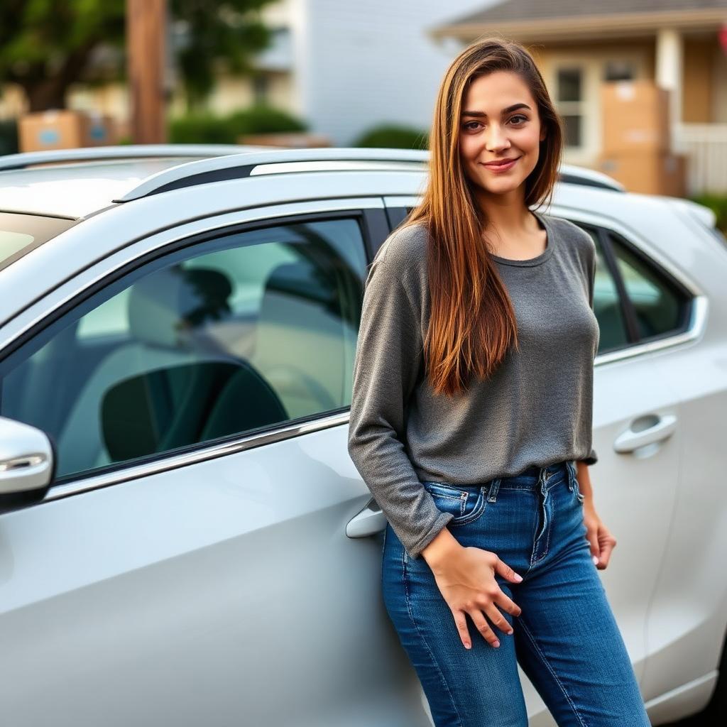 Customer Emmaleigh beside her clean car after moving to Wilmington